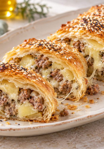 Ricetta Strudel di Pasta Sfoglia con Salsiccia, Stracchino e Patate