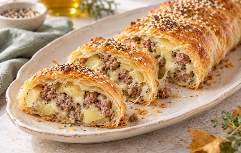 Ricetta Strudel di Pasta Sfoglia con Salsiccia, Stracchino e Patate