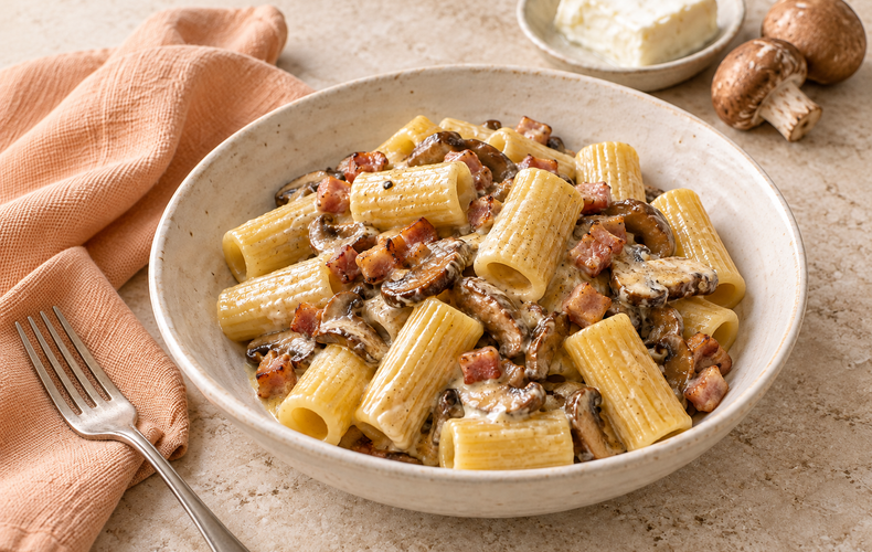 Ricetta Pasta Funghi, Pancetta e Stracchino