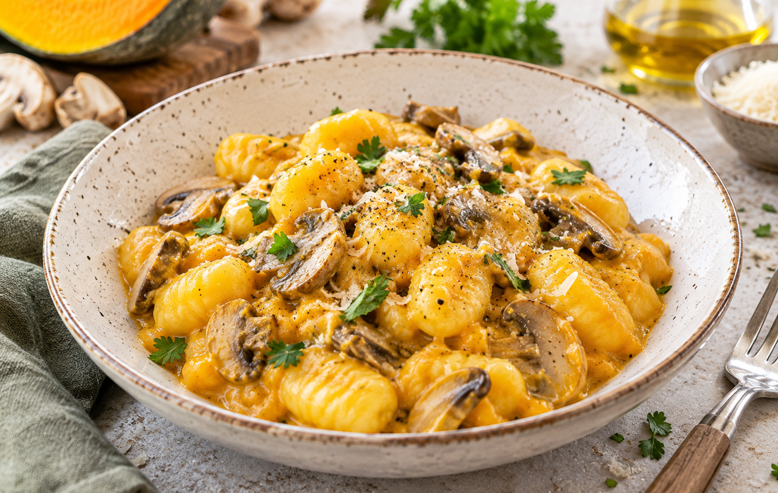Gnocchi alla Crema di Zucca e Funghi