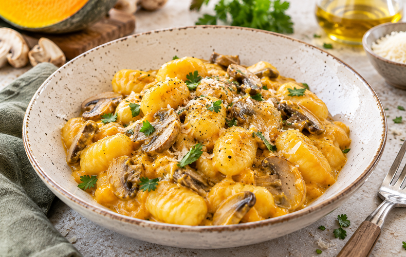 Ricetta Gnocchi alla Crema di Zucca e Funghi