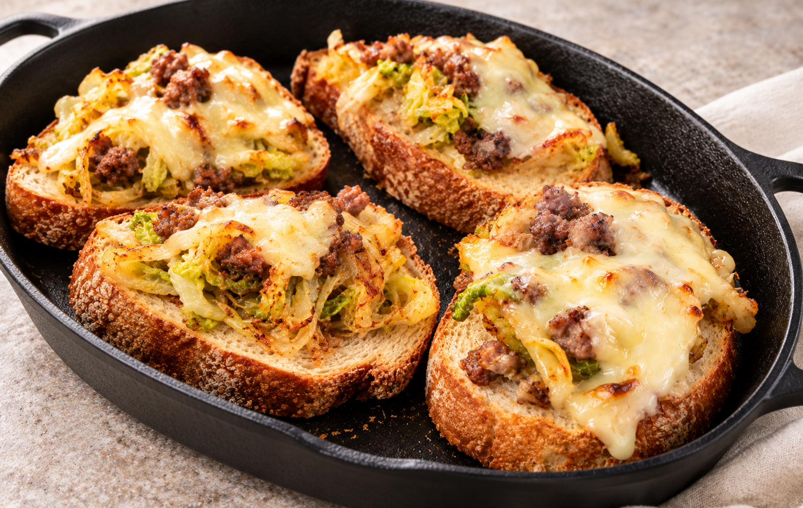 Crostoni con Verza, Fontina e Salsiccia
