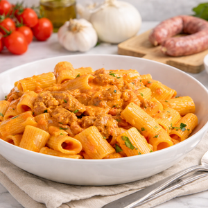Pasta con Salsiccia, Pomodoro e Panna