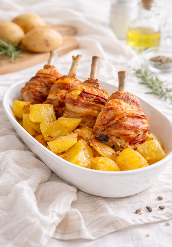 Ricetta Cosce di Pollo con Pancetta al Forno