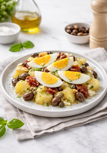 Ricetta Insalata di Patate Sfiziosa con Pomodori Secchi, Uova e Olive