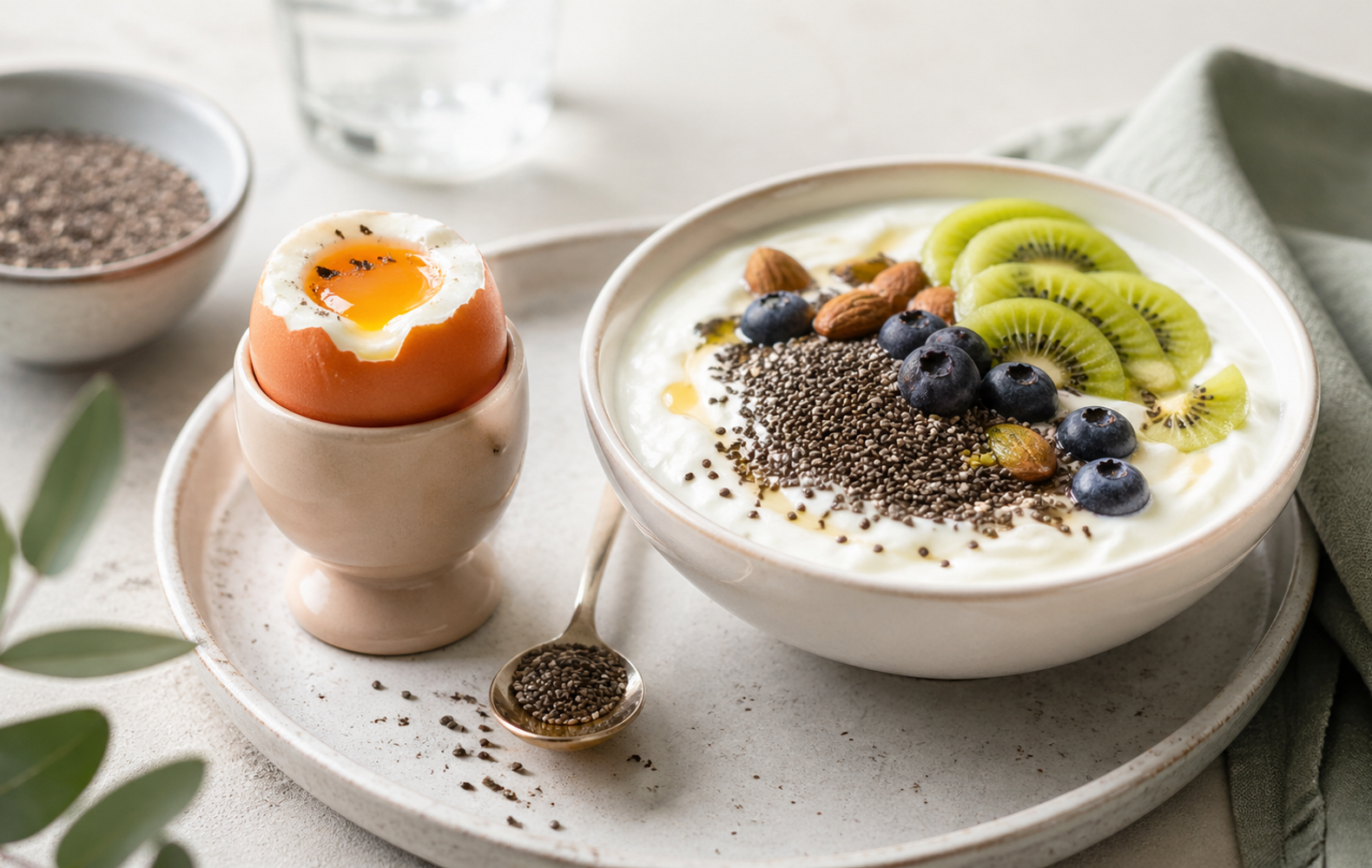 Colazione proteica: yogurt greco, uovo e semi di chia per iniziare la giornata con il pieno di nutrienti