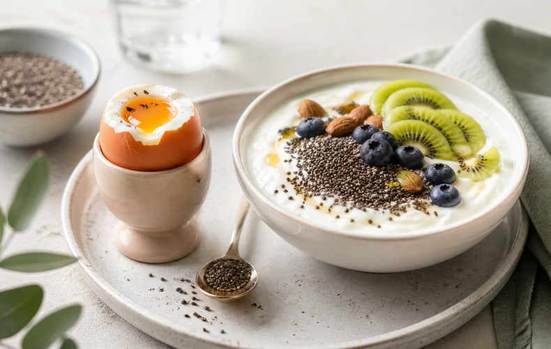 Colazione proteica: yogurt greco, uovo e semi di chia per iniziare la giornata con il pieno di nutrienti