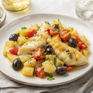 Merluzzo in Padella con Patate, Olive e Pomodorini