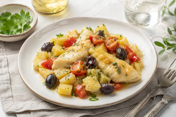 Ricetta Merluzzo in Padella con Patate, Olive e Pomodorini