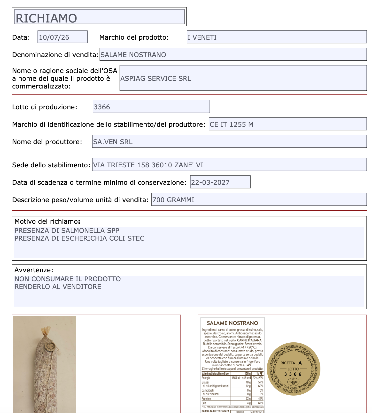Richiamo Salame Nostrano