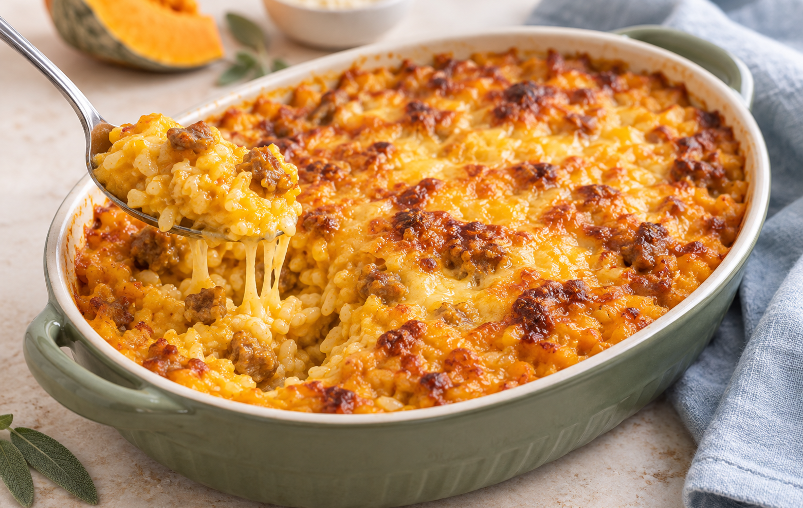 Risotto al Forno Gratinato con Zucca e Salsiccia