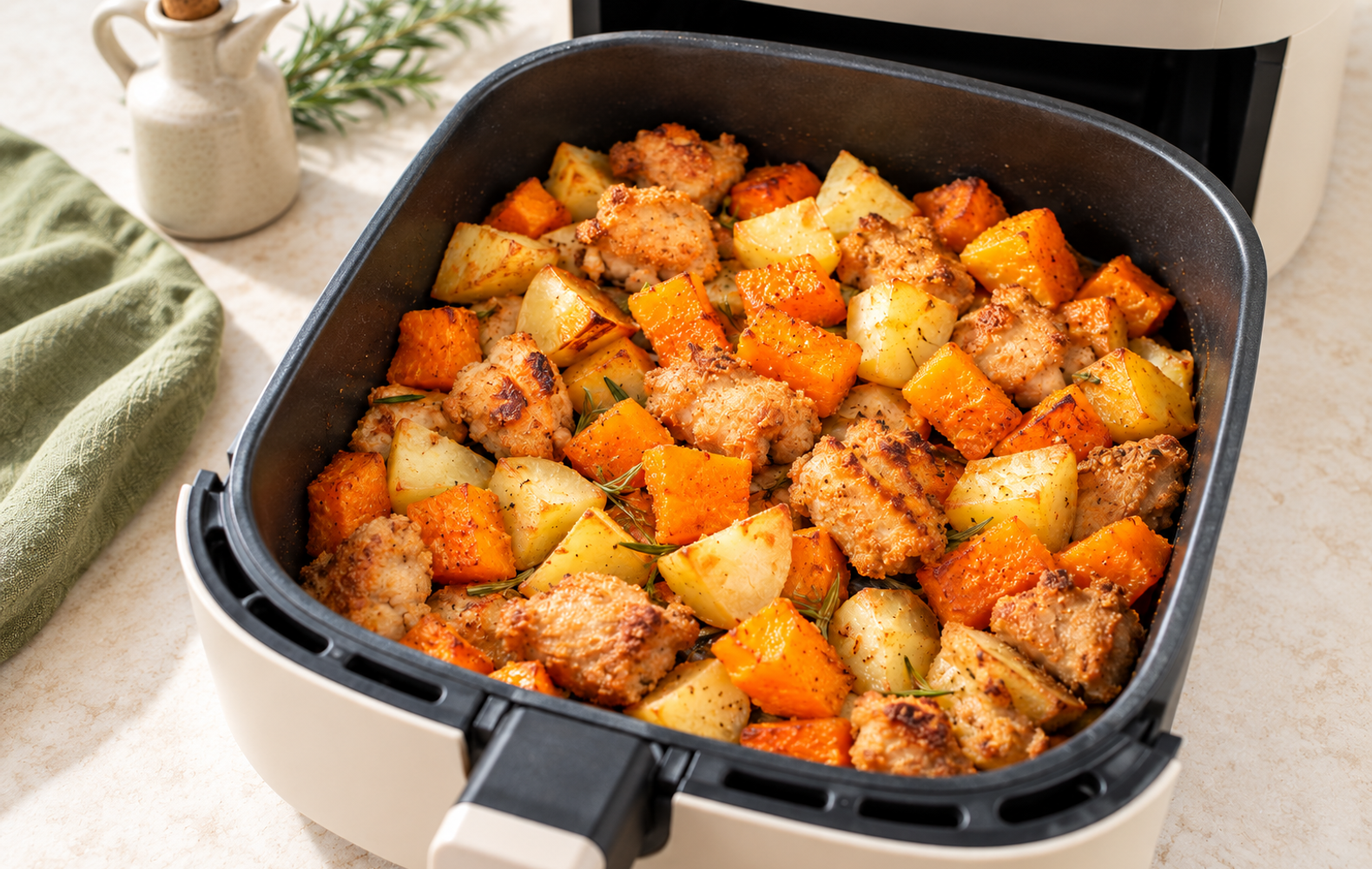 Bocconcini di Pollo con Patate e Zucca in Friggitrice ad Aria